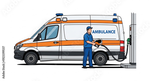 Ambulance Refueling at Gas Station.
