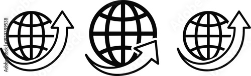 Global upload and download icon set with globe arrow symbols isolated vector collection