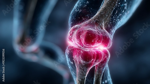 A detailed 3d rendering of a knee joint showcasing inflammation and arthritis.