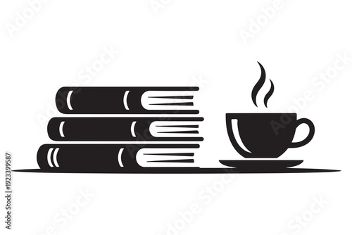 Open book and hot coffee cup silhouette vector reading concept

