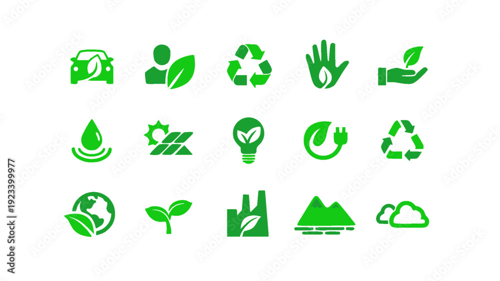 Obraz premium Set of green eco and environmental icons in flat design style. Includes recycling symbols, renewable energy, water conservation, organic products, eco transport, and sustainability elements.