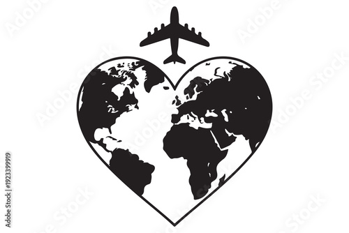 Airplane flying over world map heart icon