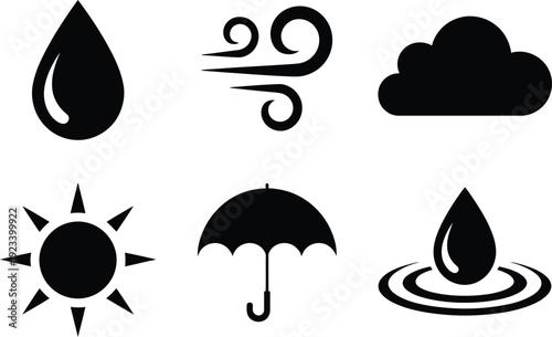 Water Drop Wind Cloud Sun Umbrella Ripples Icons raindrop breeze
