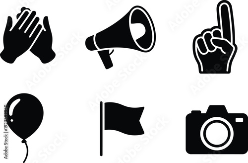 Clapping Hands Megaphone Foam Finger Balloon Flag Camera Icons applause bullhorn