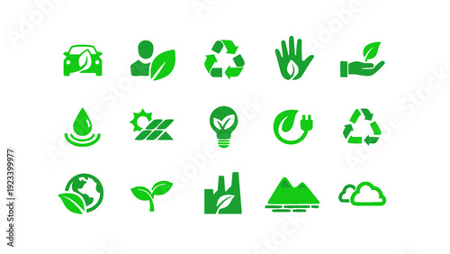 Set of green eco and environmental icons in flat design style. Includes recycling symbols, renewable energy, water conservation, organic products, eco transport, and sustainability elements.
