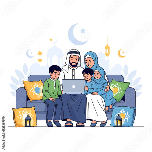 Muslim Family Engaged with Technology Together on Sofa.