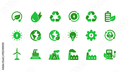 Flat style green industry and clean energy icon collection. Contains factory, wind turbine, eco gear, sustainable production, recycling, and environmental management symbols.
