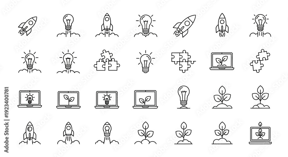 Fototapeta premium A grid of black and white line icons depicting rockets light bulbs puzzle pieces laptops and growing plants