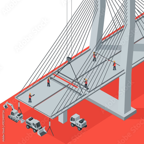 Bridge construction site with workers and machinery.