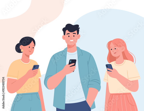 illustration of young men and women using social media