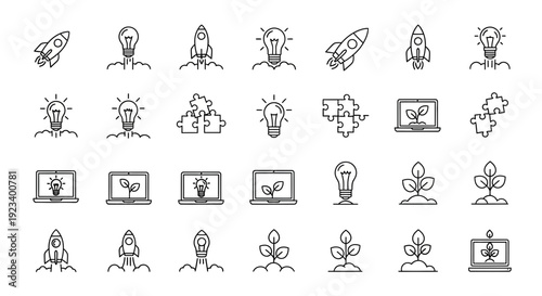 A grid of black and white line icons depicting rockets light bulbs puzzle pieces laptops and growing plants