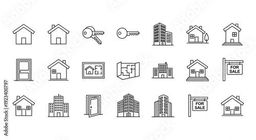 A grid of black and white line icons related to real estate including houses buildings keys floor plans and signs