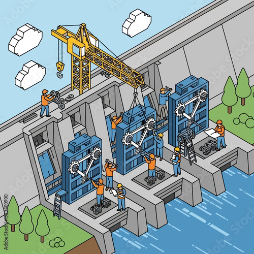 Hydroelectric Dam Construction Site with Workers and Machinery.