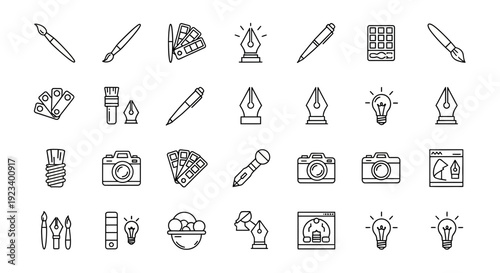 A grid of black lineart icons depicting various creative tools and concepts