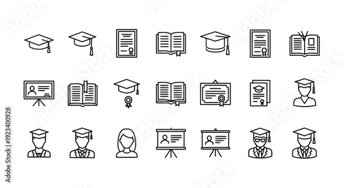 A grid of blackandwhite line icons related to education and graduation