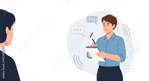 Man Interviewing Another Person, Taking Notes, Communication Bubbles