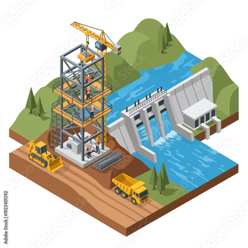 Hydroelectric Dam Construction Site with Crane and Machinery.