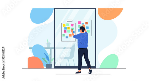 Man Planning Ideas on Sticky Notes Board, Creative Brainstorming Session