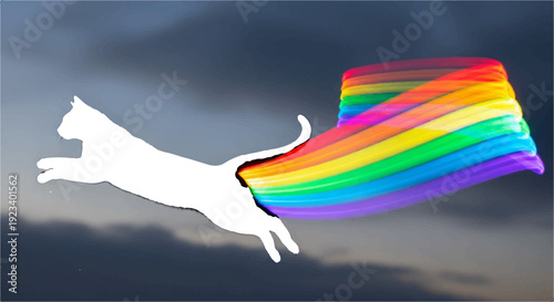 White cat flying with rainbow cape against dark cloudy sky freedom and happiness concept