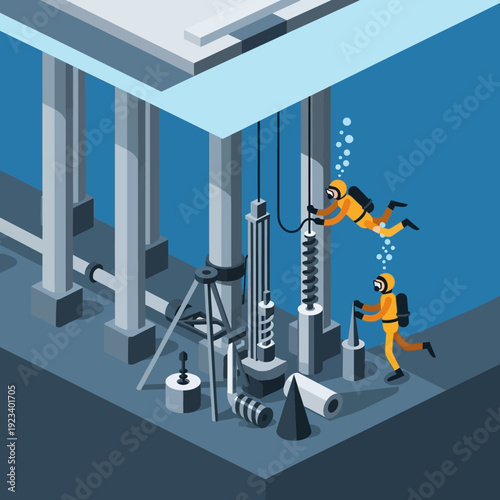 Underwater Oil Rig with Divers Inspecting Equipment.
