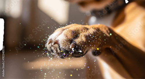 Dog paw digging in sand with sunlight and blurred background showcasing pet action and leisure