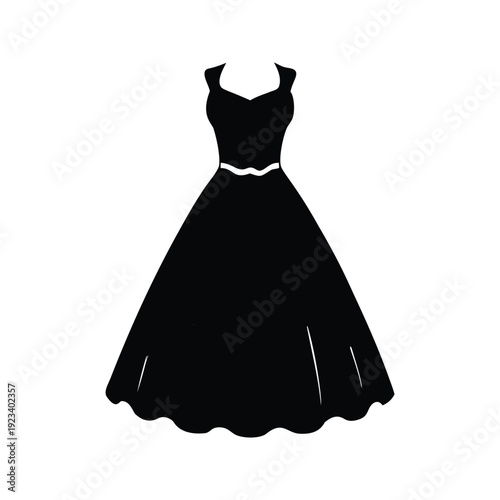 Elegant black and white evening dress with a cinched waist and full skirt silhouette vector illustration, party dress silhouette vector illustration