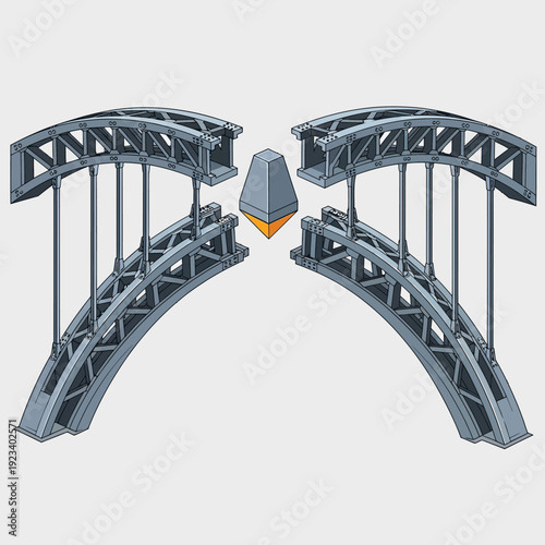 3D rendering of a bridge construction with metal arches and truss structure.