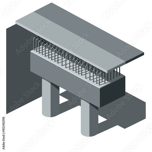 Isometric illustration of a reinforced concrete beam with rebar and supports.