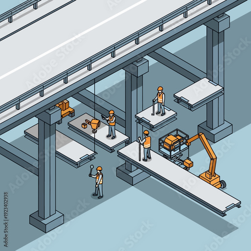 Industrial construction site with workers and machinery under a bridge.