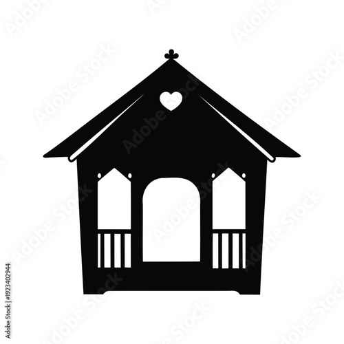 Black and white house with heart window silhouette vector illustration, playhouse silhouette vector illustration