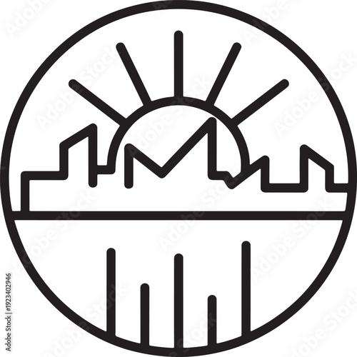 Cityscape and sun over water with rays in circle icon for urban setting