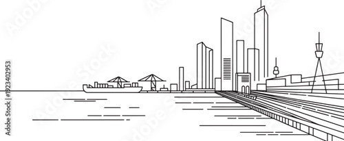 Cityscape skyline with skyscrapers and a busy port with ships and cranes, vector line art