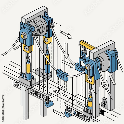 Industrial winch system with pulley and cable mechanism.