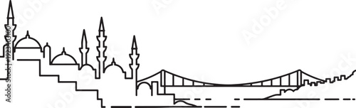Istanbul skyline with iconic mosques and bosphorus bridge outline vector illustration on gray