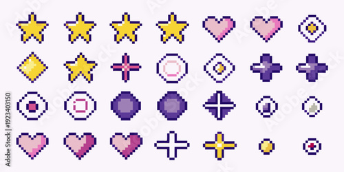 Colorful pixel art icons depicting stars hearts diamonds and crosses
