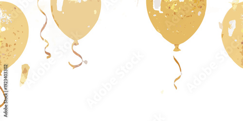 Golden balloons with ribbons floating against a dark solid black background