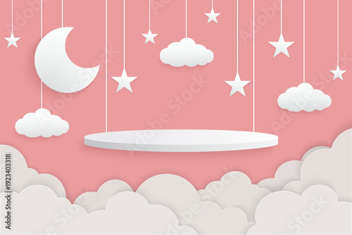 Platform in the sky among paper clouds, a crescent moon, and stars. A platform made of paper clouds on a pink background. A paper crescent moon, stars, clouds, and a podium serve as the background.