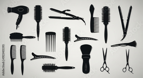 Collection of black silhouettes of hairdressing tools and accessories.