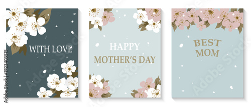 Set of Mother's Day greeting cards featuring flowers in pastel colors. Vector set of floral Mother's Day cards.