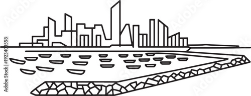 Minimalist outline drawing of a city skyline with a harbor, boats, and a rocky breakwater