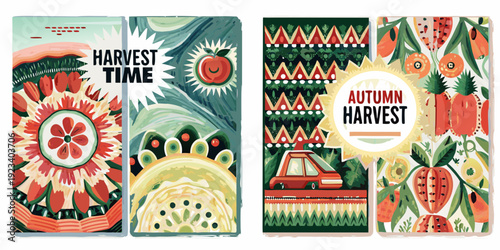 Colorful autumn harvest themed banner set with floral and produce designs