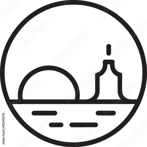 Minimalist sunrise, abstract building, and water horizon inside circle vector emblem