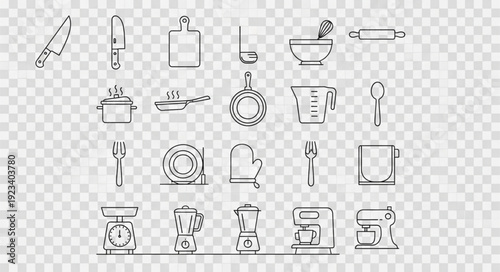 Collection of kitchen utensils and appliances line art icons.