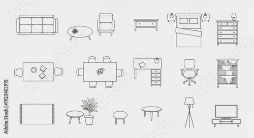 Collection of simple line art furniture icons for interior design.