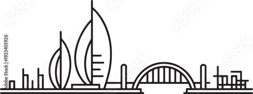 Modern city skyline with iconic buildings and a grand arched bridge over water, vector illustration