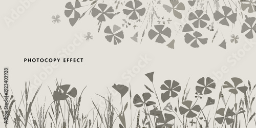 Abstract floral design with clover shapes grasses and photocopy effect