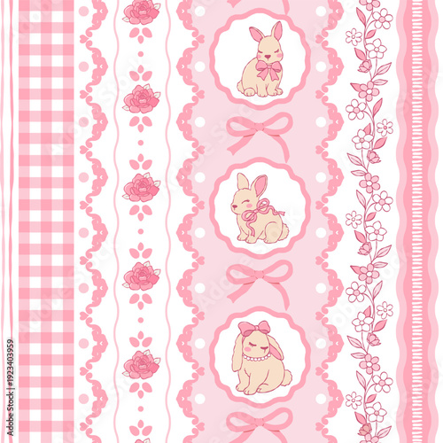Coquette Bunny Seamless Pattern, Pink Vintage Easter Digital Paper, Ribbon Bow and Lace Fabric File, Pink Roses Lacy Stripes Repeat Pattern Design Vector