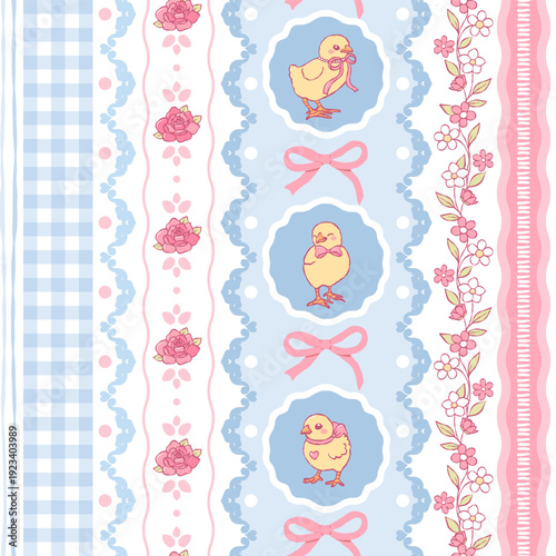 Coquette Chick Seamless Pattern, Blue Pink Vintage Easter Digital Paper, Ribbon Bow and Lace Fabric File, Pink Roses Lacy Stripes Repeat Pattern Design Vector