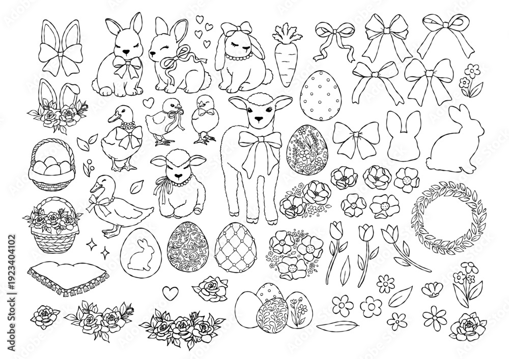 Ταπετσαρία Coquette Easter Collection Outline Vector, Hand Drawn Spring Toile Baby Animals