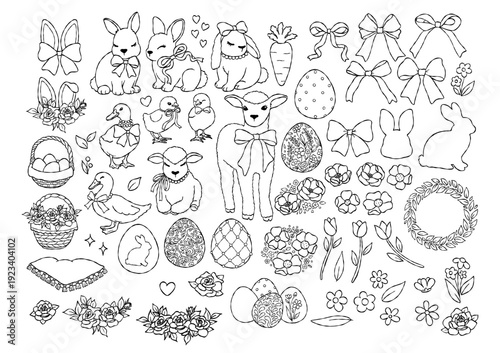 Εκτύπωση καμβά Coquette Easter Collection Outline Vector, Hand Drawn Spring Toile Baby Animals